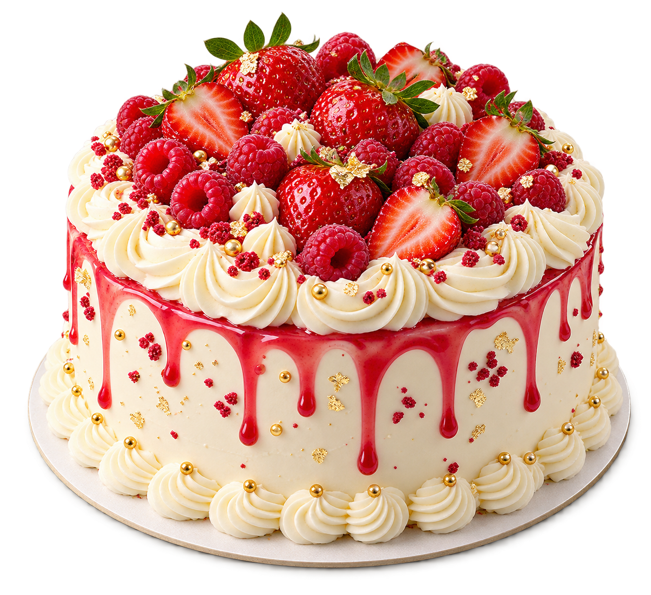 Raspberry and vanilla cake with fresh berries and a slice showing its luscious filling